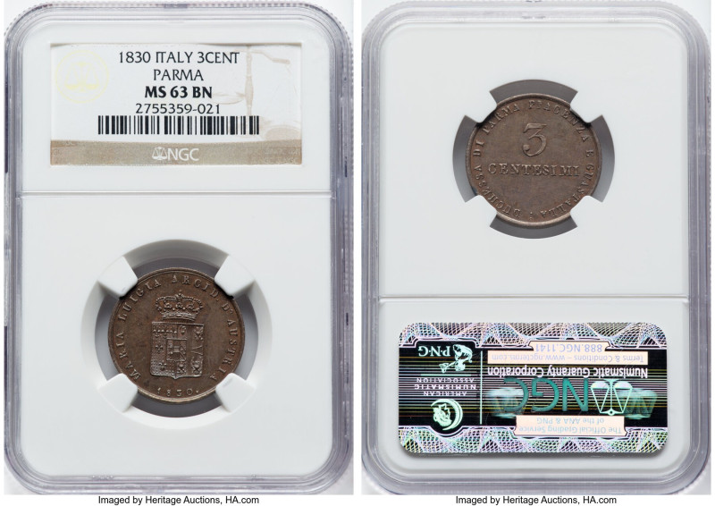 Parma. Maria Luigia 3 Centesimi 1830 MS63 Brown NGC, KM-C24. One year type. HID0...