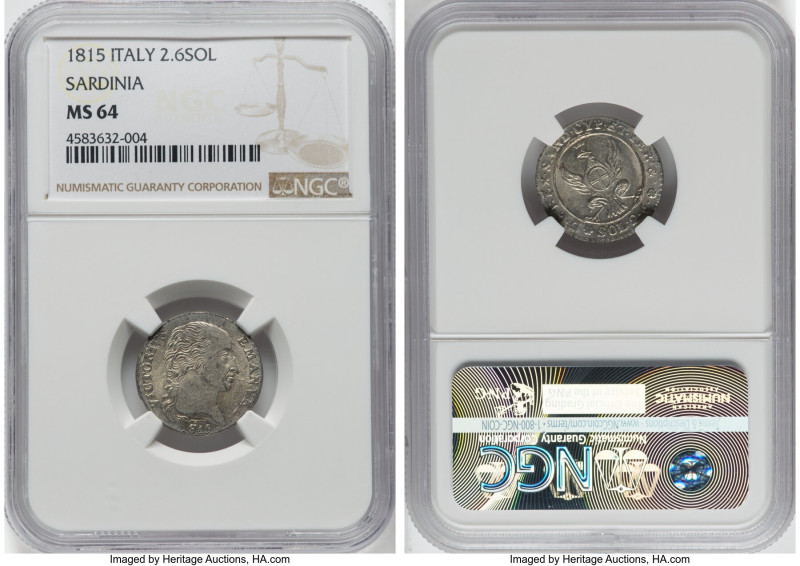 Sardinia. Vittorio Emanuele I 2.6 Soldi 1815-AL MS64 NGC, Torino mint, KM108. HI...