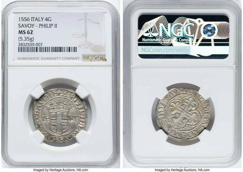 Savoy. Emanuele Fillberto 4 Grossi 1556 MS62 NGC, Vercelli mint, Biaggi-436. 5.3...