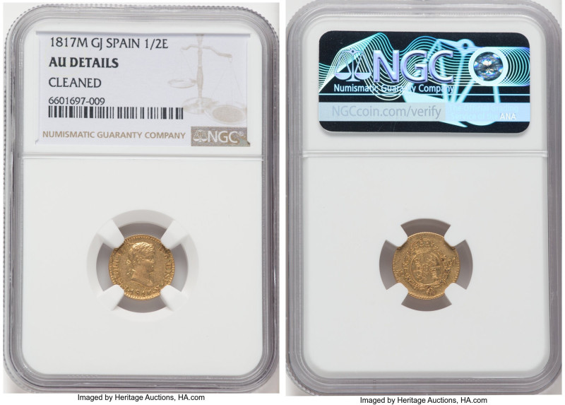 Ferdinand VII gold 1/2 Escudo 1817 M-GJ AU Details (Cleaned) NGC, Madrid mint, K...