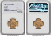 Isabel II gold 100 Reales 1861 AU58 NGC, Seville mint (7-Point Star), KM605.3, Fr-331. HID09801242017 © 2022 Heritage Auctions | All Rights Reserved
