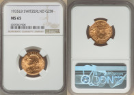 Confederation gold 20 Francs 1935-LB MS65 NGC, Bern mint, KM35.1, Fr-499. HID09801242017 © 2022 Heritage Auctions | All Rights Reserved