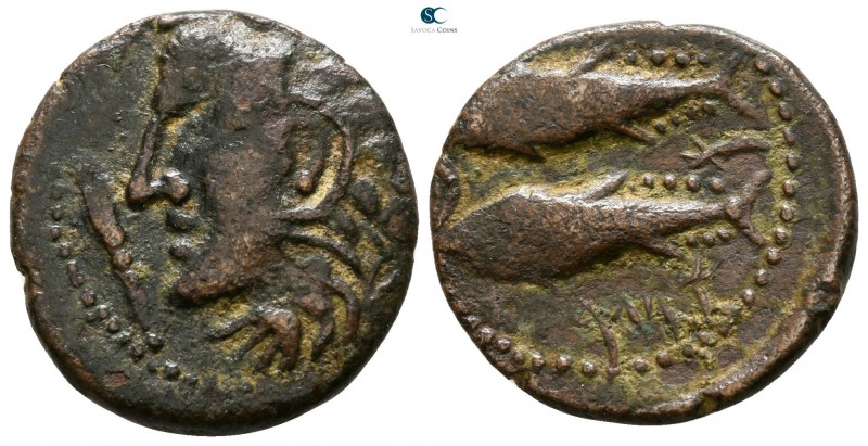 Spain. Gades circa 230 BC. 
Bronze Æ

18mm., 4,40g.

Head of Melkart-Herakl...