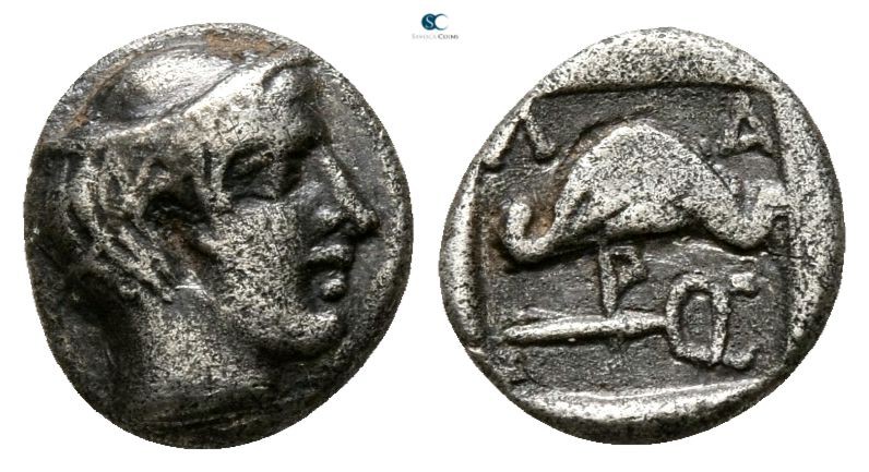 Thessaly. Larissa circa 500-430 BC. 
Obol AR

7mm., 0,63g.

Head of Jason r...