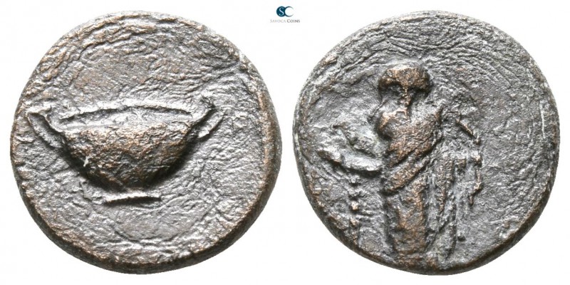 Cyclades. Anaphe after 300 BC. 
Bronze Æ

11mm., 1,47g.

Apollo standing fa...