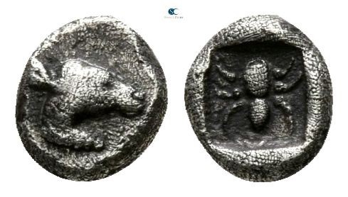 Asia Minor. Uncertain mint 550-400 BC. 
Tetartemorion AR

3mm., 0,19g.

Hea...