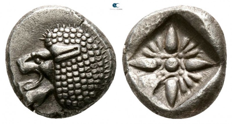 Ionia. Miletos circa 500 BC. 
Diobol AR

9mm., 1,13g.

Forepart of lion rig...