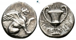 Ionia. Teos. ΔΙΟΓΕΝΗΣ (Diogenes), magistrate circa 370-340 BC. Hemidrachm AR. Rhodian standard