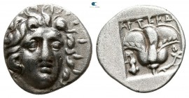 Islands off Caria. Rhodos. ΑΡΤΕΜΩΝ (Artemon), magistrate circa 170-150 BC. Plinthophoric Hemidrachm AR