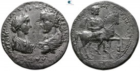 Caria. Stratonikeia. Caracalla and Plautilla AD 202-205. ΚΛ. ΔΙΟΝΥΣΙΟΣ (Cl. Dionysios), magistrate. Medallic Ӕ