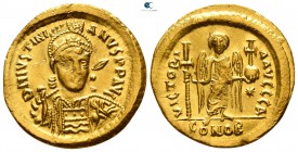 Justinian I AD 527-565. Struck circa AD 527-538. Constantinople. 1st officina. Solidus AV