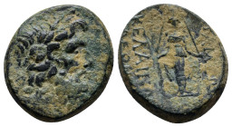 Phrygia, Apameia, AE (20mm, 7.8 g) 133-48 BC. Magistrate Kelainos. Laureate head of Zeus right / AΠAM KEΛAIN to right and left of cult image of Athena...