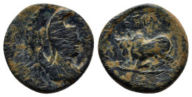 GALATIA. Pessinos. Ae (16mm, 3.6 g) (64-41 BC). AE Draped bust of Mên right, wearing phrygian cap and set upon crescent. Rev: Bull butting left.