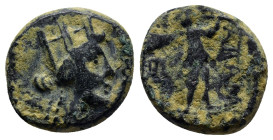 Phrygia, Apameia. Civic issue. 133-48 B.C. AE (15mm, 4.2 g) Bust of Tyche right/ Marsyas striding to right playing double-flutes.