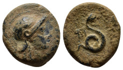 MYSIA. Pergamon. Philetairos. (200-133 BC.) Ae. (16mm, 4.2 g) Obv: Helmeted head of Athena right. Rev: [ΦΙΛ]ΕΤΑΙΡΟΥ. Coiled snake, head standing right...