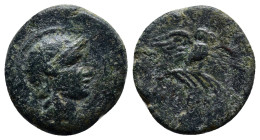MYSIA, Pergamon. Circa 133-27 BC. Æ (18mm, 3.9 g). Helmeted head of Athena right, helmet decorated with star / Owl, with wings spread, standing right,...