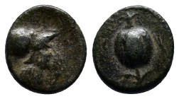Pamphylia. Perge circa 100-75 BC. Bronze Æ (10mm, 1.7 g) Helmeted bust of Athena right / Pomegranate.