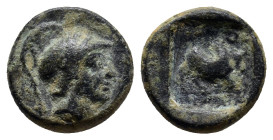 Phrygia. Kibyra circa 200-100 BC. Bronze Æ (12mm, 2.1 g) Helmeted head of Athena right; monogram behind / ΣΩ/ ΚΙΒΥΡΑΤΩΝ, humped bull butting right....