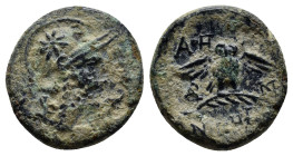 MYSIA. Pergamon. Early-mid 2nd century BC. AE (16mm, 2.9 g). Head of Athena to right, wearing crested Attic helmet decorated with a star on the bowl. ...