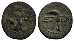 PISIDIA. Etenna. Ae (17mm, 2.6 g) (1st century BC). Obv: Female figure advancing right, head left, holding serpent; tilted amphora to left. Rev: ETEN....