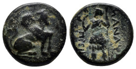 Pamphylia. Perge. AE (16mm, 3.9 g). 260-230 BC. Anv.: Sphinx with curved wings seated to right, wearing kalatho. Rev.: Artemis standing facing, head l...