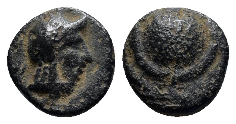 PAMPHYLIA, Side. 1st century BC. Æ (10mm, 1.2 g). Helmeted head of Athena right ...