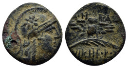 MYSIA. Pergamon. Ae (17mm, 3.5 g) (Circa 200-133 BC). Obv: Helmeted head of Athena right. Rev: ΑΘΗ - ΝΑΣ / ΝΙΚΗΦΟΡΟΥ. Owl, with wings spread, standing...