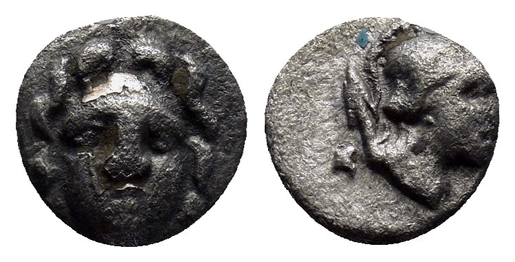 PISIDIA. Selge. Circa 300-190 BC. AR Obol (9mm, 0.7 g). Facing gorgoneion / Helm...