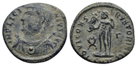 Licinius I. AD 308-324. Æ Follis (18mm, 2.9 g). Cyzicus mint, 3rd officina. Struck AD 317-320. Laureate and draped bust left, holding mappa, globe, an...