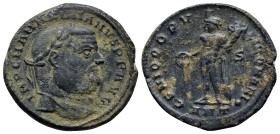 Maximian Silvered Æ Nummus. (28mm, 10.5 g) Antioch, AD 300-301. IMP C M A MAXIMIANVS P F AVG, laureate bust right / GENIO POPVLI ROMANI, Genius standi...