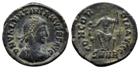 Valentinian II. A.D. 375-392. AE centenionalis (18mm, 2.4 g). Heraclea mint, Struck A.D. 379-383. D N VALENTINIANVS P F AVG, laureate, draped and cuir...