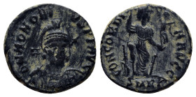 Honorius. A.D. 393-423. AE (15mm, 2.8 g). Nicomedia mint, Struck A.D. 402. D N HONORI-VS PF AVG, helmeted and cuirassed bust of Honorius, holding spea...