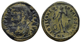 Licinius I. AD 308-324. Æ Follis (19mm, 3.2 g). Cyzicus mint, 3rd officina. Struck AD 317-320. Laureate and draped bust left, holding mappa, globe, an...