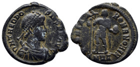 Theodosius I Æ Nummus. (21mm, 4.5 g) Nicomedia, AD 392-394. D N THEODOSIVS P F AVG, diademed, draped and cuirassed bust right / GLORIA ROMANORVM, Empe...