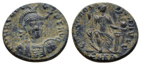Arcadius AD 383-408. Cyzicus Follis Ae. (16mm, 3.0 g) pearl-diademed, helmeted and cuirassed bust facing slightly right, holding spear over shoulder a...