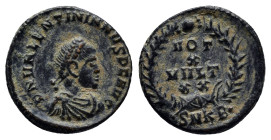 Valentinian II AD 375-392. Cyzicus Follis Æ (14mm, 1.5 g). DN VALENTINIANVS PF AVG, pearl-diademed, draped, and cuirassed bust right / VOT-V-MVLT-X in...