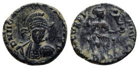 Honorius AD 393-423. Follis Æ (16mm, 3.1 g). DN HONORIVS PF AVG, helmeted, diademed, cuirassed facing bust, spear across right shoulder, shield behind...