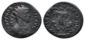 PROBUS (176-182). Antoninianus. (19mm, 3.1 g) Rome. Obv: IMP PROBVS P F AVG. Radiate and cuirassed bust right. Rev: VICTORIA GERM / R (thunderbolt) A....