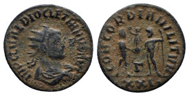 Diocletian (284-305 AD) Kyzikos AE Antoninianus (21mm, 3.5 g) Obv: IMP C C VAL DIOCLETIANVS AVG, radiate, draped and cuirassed bust right. Rev: CONCOR...