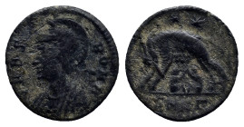Constantine I Æ Nummus. (17mm, 1.8 g) Nicomedia, AD 330-335. VRBS ROMA, helmeted and cuirassed bust left / She-wolf standing left, suckling the twins ...