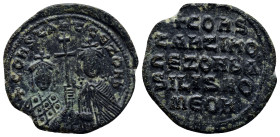 Constantine VII and Romanus I. 920-944. AE follis (27mm, 6.1 g). Constantinople mint. + COnSTAnt' CЄ ZOH b, facing busts of Constantine VII, beardless...