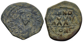Phocas. 602-610. Æ Follis (30mm, 10.7 g). Constantinople, 608-609. dM FOCAS PERP AVG, crowned bust facing, wearing consular robes, holding mappa and c...