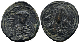 Constantine X Ducas (1059-1067 AD) Constantinople AE Follis or AE Nummi (30mm, 9.5 g) Obv: Crowned facing bust of Constantine, wearing loros, holding ...