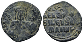 Romanus I Lecapenus Ae Nummus. (24mm, 5.3 g) AD 920-944. +RƜMAҺ' ЬASILЄVS RƜM', facing bust of Romanus I, bearded, wearing crown with cross and pendil...
