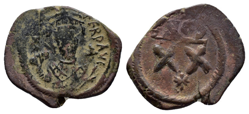 Phocas AE Half Follis (22mm, 5.3 g) Constantinople 602-610 AD. DN FOCA PERP AVG,...