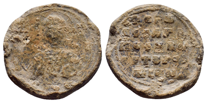 Byzantine lead seal Obv: Bust of saint facing, nimbate. Rev: Legends in five lin...