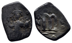 Arab-Byzantine, c. 660s-680s. Æ Fals (17mm, 4.6 g), Emperor standing facing, holding long cross and globus cruciger. R/ Cursive M; ANA to l., NEO to r...