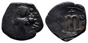 Arab-Byzantine, c. 660s-680s. Æ Fals (23mm, 6.3 g), Emperor standing facing, holding long cross and globus cruciger. R/ Cursive M; ANA to l., NEO to r...