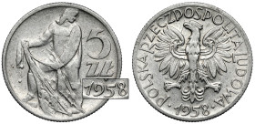 Rybak 5 złotych 1958 - wąska ósemka - słoneczko i zanikający sznur