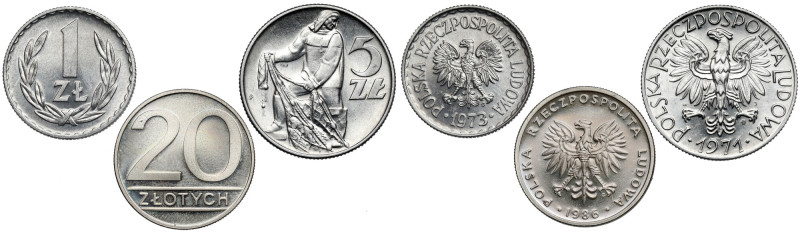 1, 5 i 20 złotych 1971-1986, zestaw (3szt) 5 złotych 1971 - st.1-/2+ Pozostałe -...